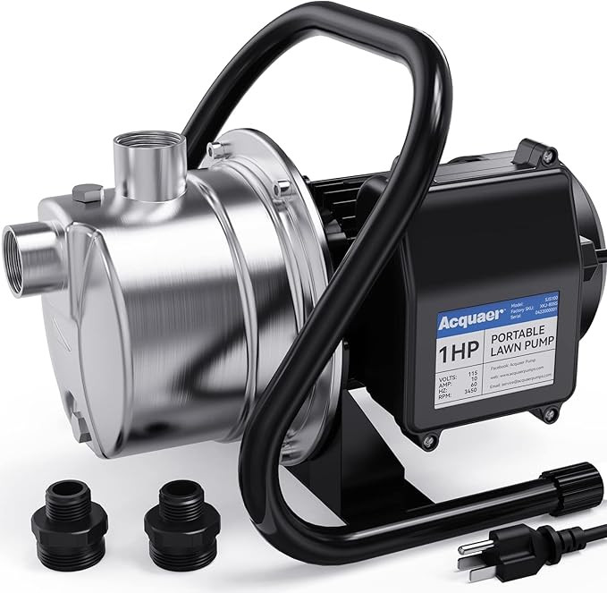 Acquaer 1 HP Portable Shallow Well Garden Pump, Stainless Steel, 998 GPH, 115V Sprinkler Water Transfer Draining Irrigation Pump for Water Removal/Lawn Garden