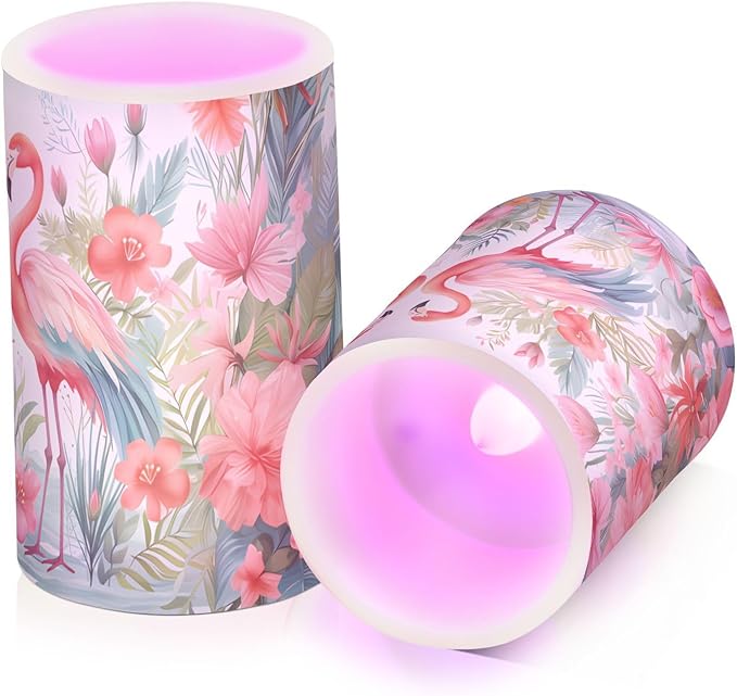 Flickering Flameless Candles, Pink Flamingo Print LED Candles with Remote Timer, Set of 2 Battery Operated Candle for Valentine Wedding Birthday