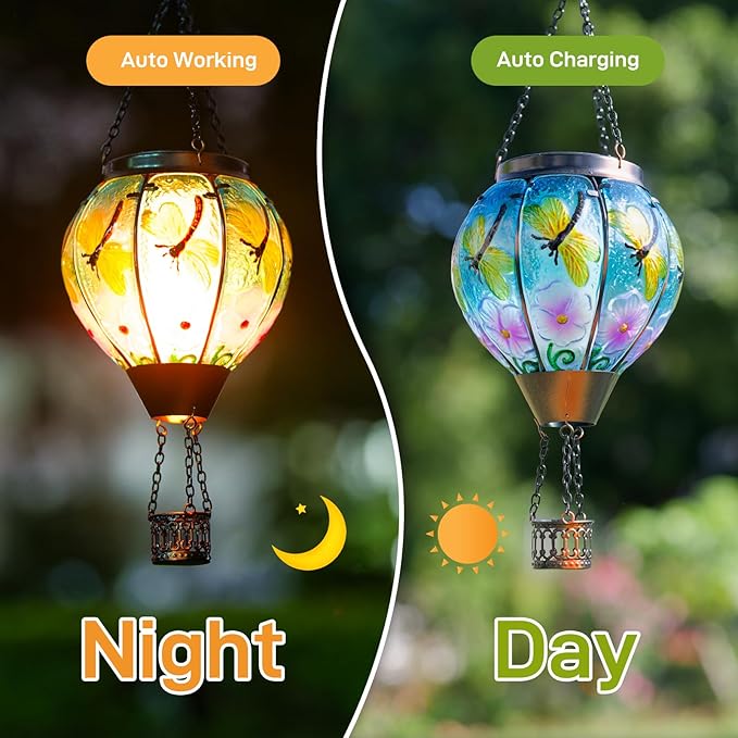 Dragonfly Solar Hot Air Balloon Lantern with Flame, Glass Hot Air Balloon Solar Lantern Outdoor Waterproof, Decorative Hanging Hot Air Balloon Solar Light for Outside Garden Patio Yard