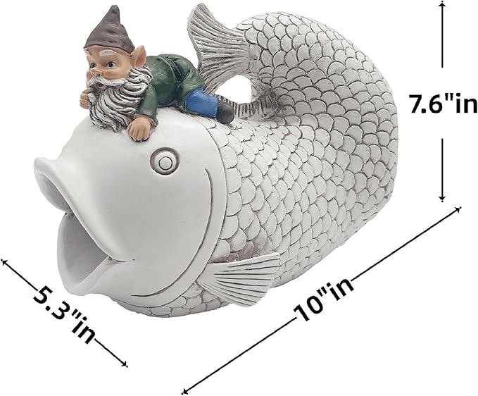 Gnome Fish Sculpture, Garden Animal Statue & Outdoor Decor, Eco-Friendly Resin Gutter Diverter Rain, Decorative Gutter Extension Downspout, Splash Block, Perfect for 3"x4" Downspouts