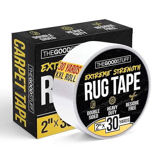 Double Sided Rug Tape [2 Inch x 30 yd] Carpet Tape for Securing Area Rugs to Carpets, Laminate, and Hardwood Floors, Easy to Remove and Restick Without Residue or Damage to Rug or Floor