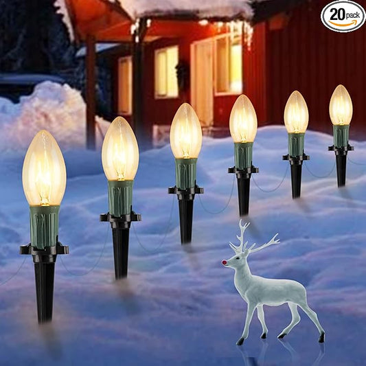 Christmas Pathway String Lights Outdoor - 25.7 Ft. C9 20 Clear Lights with 20 Stakes Connectable Waterproof for Indoor Xmas Party Holiday Commercial Decoration, Warm White