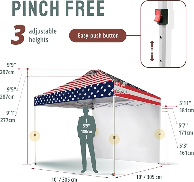 CROWN SHADES 10x10 Pop Up Canopy with 1 Side Wall - Beach Tent with One Push Setup - Outdoor Sun Shade for Events, Parties, Camping - Gazebo with STO-N-Go Cover Bag (American Flag)