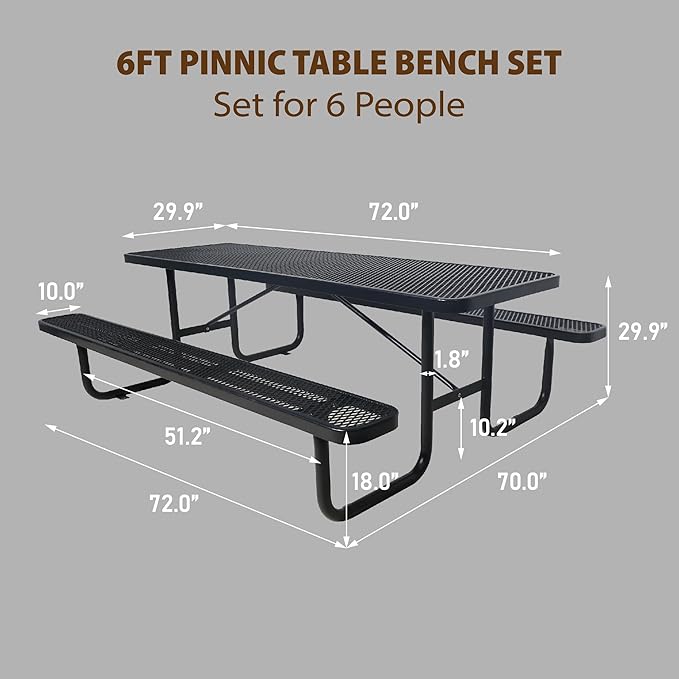 6FT Metal Picnic Tables for Outdoors, Commercial Rectangular Picnic Table and Bench Set for Outside, Patio, Garden, Backyard, Porch, Surface Mount, Black
