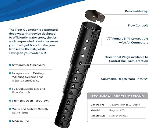 Deep Underground Dripper, Tree & Plant Root Watering Drip Irrigation & Fertilizer Stake (1/2" Female NPT Compatible with All Connectors, Water Hose, Drip & PVC) Large 1Pack (Large 1pk)