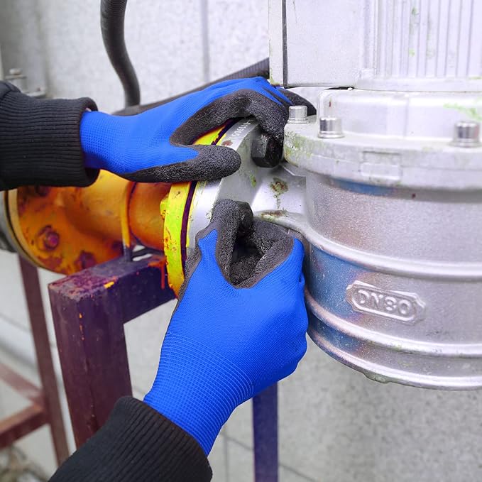 Evridwear Crinkle Latex Rubber Hand Coated Safety Work Gloves for Men Women General Multi Use Construction Warehouse Gardening Assembly Landscaping (Medium,Blue- 12Pair)