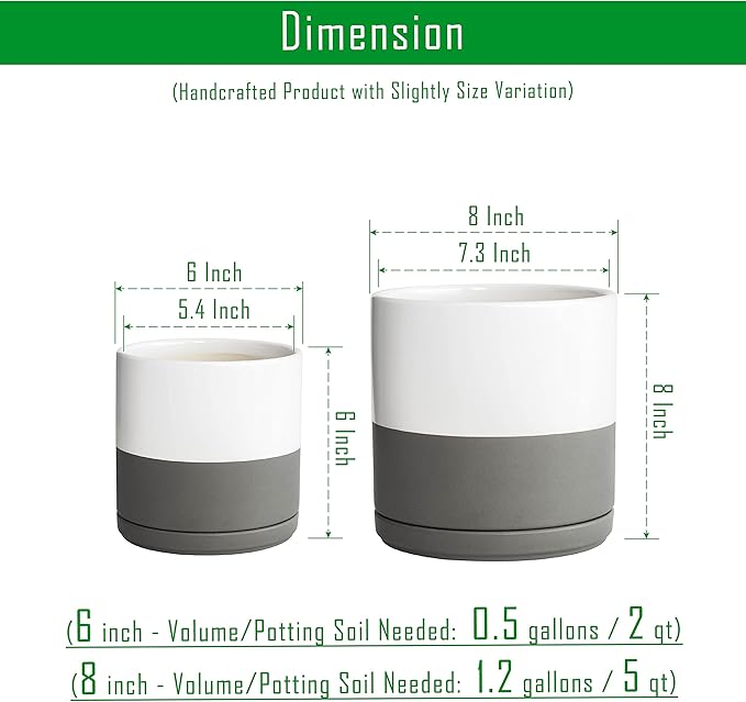 D'vine Dev 6 Inch & 8 Inch Ceramic Planter Pots for Plants with Drainage Hole and Saucer, Medium Plant Pots Set, White/Speckled Grey, 94-G-M-6