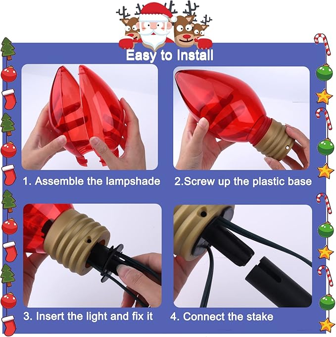 Brightown Jumbo C9 Christmas Lights Outdoor Decorations Lawn with Pathway Marker Stakes, 8.5 Ft C7 String Lights Covered Jumbo Multicolored Light Bulb for Holiday Outside Yard Garden Decor