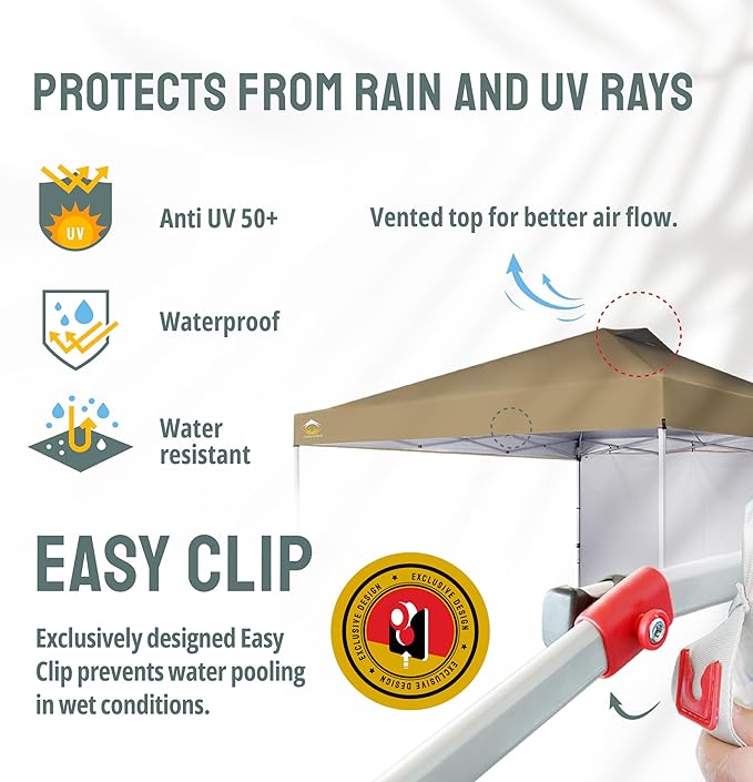 CROWN SHADES 12x12 Pop Up Canopy Tent Instant Commercial with 150D Silver Coated Fabric Including 1 Removable Sidewall, 4 Ropes, 8 Stakes, Weight Bags, STO 'N Go Bag, Beige