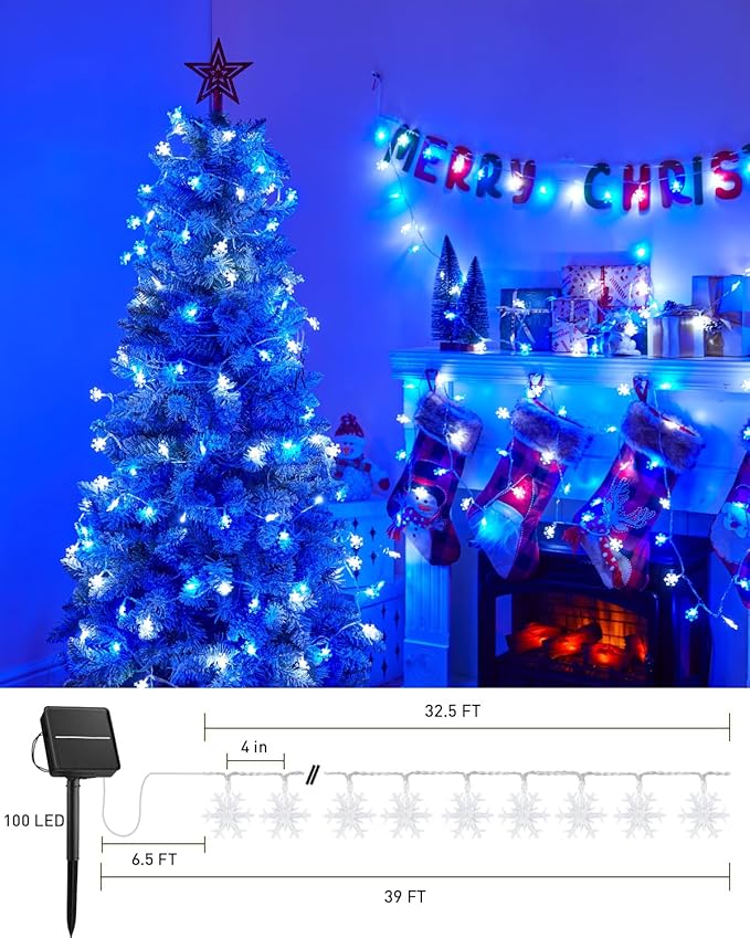 Brightown Solar Christmas Snowflake String Lights 100 LED 39 FT Outdoor Waterproof Fairy Lights with 8 Lighting Modes for Wedding, Party, Tree, Room, Garden, Patio, Yard, Home, Blue & White