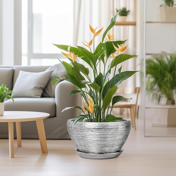 Flower Pot for Indoor Plants - Ceramic Planter 13 Inch Plant Pot with Drainage Hole and Saucer Large Decorative Planter Outdoor Mid-Century Planter for House Decor Silver