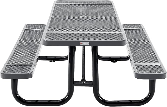 Global Industrial 8’L Rectangular Picnic Table, Expanded Metal, Gray Thermoplastic Coating, Attached Benches, 1-1/2” Umbrella Pole Hole, Outdoor-Rated, 1000 lb Capacity, 96” x 30” Tabletop