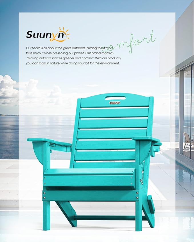 Folding Adirondack Chair HDPE All-Weather Adirondack Chairs with Cup Holder, Outdoor Fire Pit Chairs Lawn Chair for Deck Patio Garden (Lakeblue)