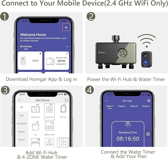 Diivoo WiFi Water Timer 4 Outlets, Smart Sprinkler/Hose/Tap Timer Compatible with Alexa & 24 Irrigation Plans & Rain Delay, Garden Watering Systems Controller with 2 Watering Modes for Lawn Yard