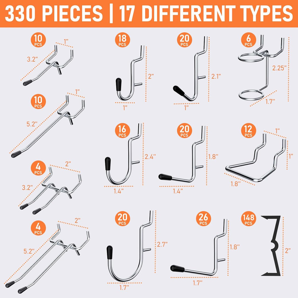 INCLY 330PCS Upgraded Pegboard Accessories Organizer Kit, Peg Board Hooks Assortment with Bins & Cups for Organizing Tools, Fit 1/8 or 1/4 inch Pegboard for Garage Workshop Wall Hanging Tools