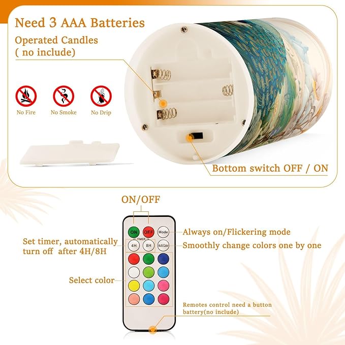 Flickering Flameless Candles, Peacock Garden LED Candles with Remote Timer, Set of 2 Battery Operated Candle for Valentine Wedding Birthday