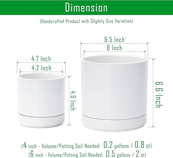 D'vine Dev 4.7 Inch & 6 Inch Ceramic Planter Pots for Plants with Drainage Hole and Saucer, Small Plant Pots Set, White, 94-G-S-1