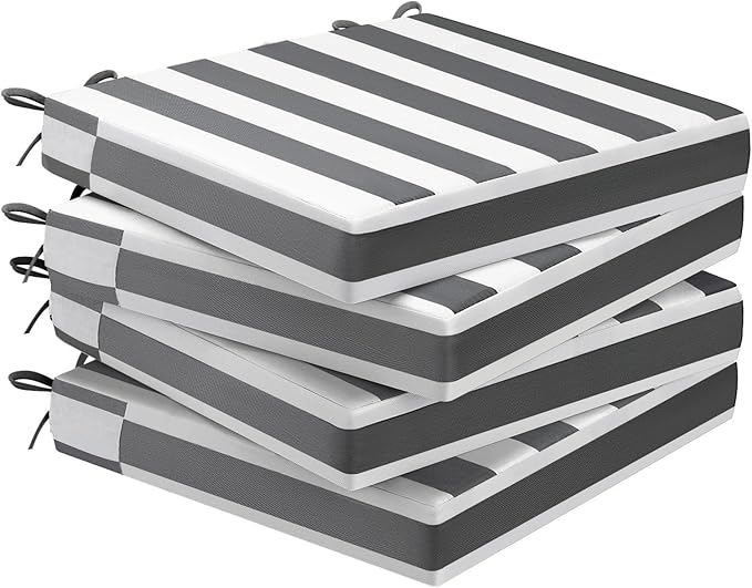 AAAAAcessories Outdoor Seat Cushions for Chairs, Waterproof, Fade-Resistant Patio Furniture Replacement Cushions, 18.5" x 16" x 3", Set of 4, Gray Cabana Stripe