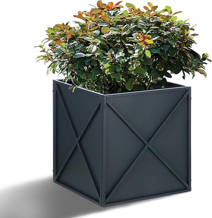 BAYN Metal Square Planter Box Tall Planters for Outdoor Plants Modern Heavy Duty with Drainage Holes for Outside Indoor Patio Deck - Grey, 17”x 17”x 18”