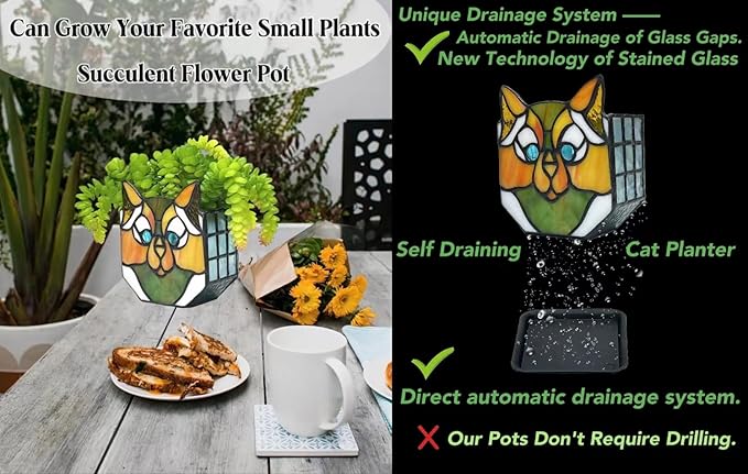 Cat Flower Pots for Indoor Plants,Stained Glass Cat Plant Displays,Cat Succulent Planter,Candle Holder Container Decoration,4.6x5.15x2.3 in (Without Succulents)
