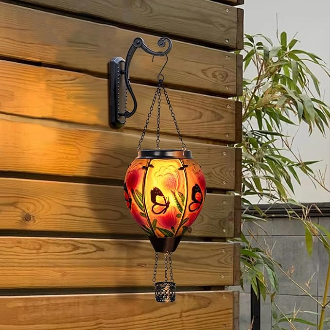 Butterfly Flower Solar Hot Air Balloon Lantern with Flame, Glass Balloon Lantern Outdoor Waterproof Lights, Hanging Solar Lights for Outside Garden Patio Porch Tree Yard Gift for Mom