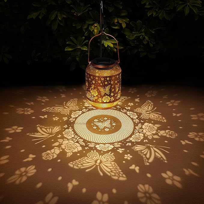 Butterfly Solar Lanterns Outdoor Waterproof Rose Garden Decor Gifts for Women Mom Grandma Hanging Solar Lights Metal Lantern Decoration Outside for Yard, Patio, Backyard, Porch