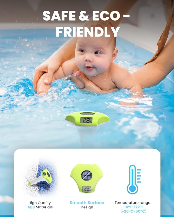 BALDR Pool Thermometer Floating Easy Read, IPX8 Waterproof, Solar Powered Digital Pool Thermometer with LCD Screen,Suitable for Swimming Pool/Hot Tub/Hot Spring/Aquarium (Green)