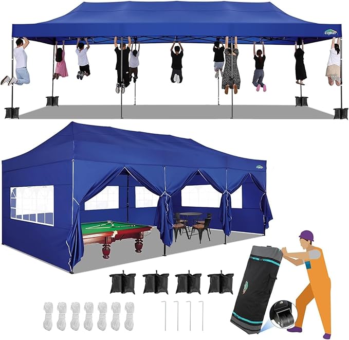 COBIZI 10x30 Pop up Canopy Tent 10x30 Canopy with Sidewalls, Heavy Duty Party Tent Tents for Parties, Foldable UPF 50+ Waterproof Commercial Easy up Canopy with Roller Bag, Navy Blue(Windproof)