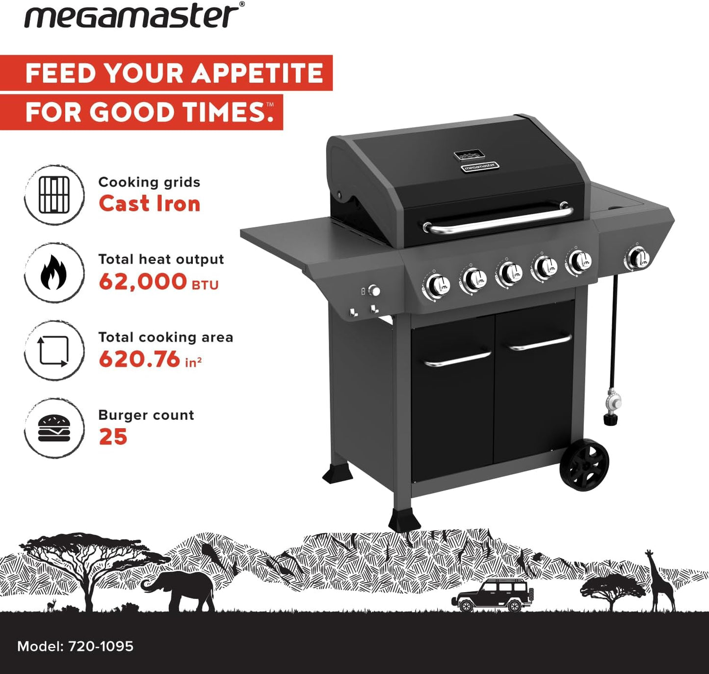 5-Burner Gas Grill with Side Burner, 66,000 BTUs, 753 SQ. In. Cooking Area, 2 Wheel Transport, Propane BBQ Grill with for Outdoor Cooking, Patios, and More - 720-1095