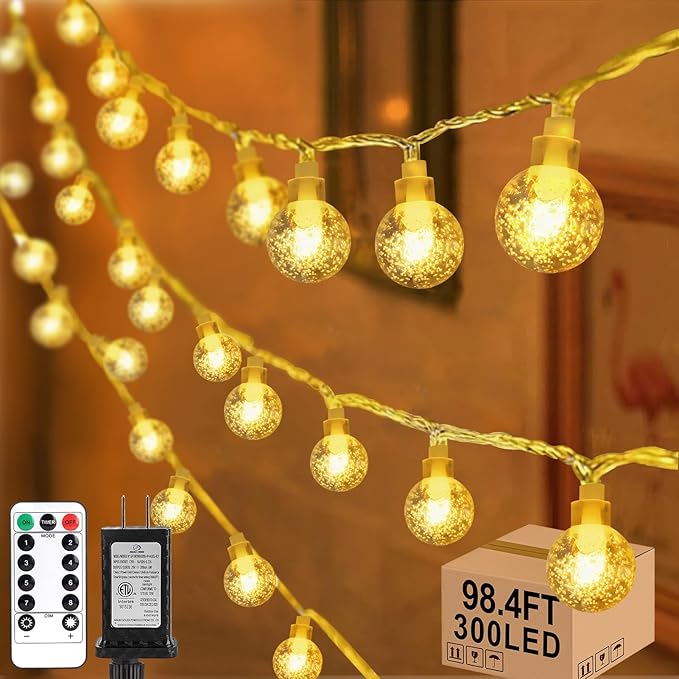 98.4ft 300LED Globe String Lights Outdoor,Crystal Fairy Light IP44 Waterproof Outdoor Hanging Decorative Lights for Home Tent Patio Garden Party Wedding Decor