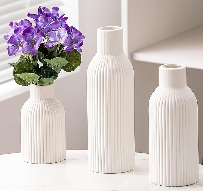 Ceramic Vase Set of 3, Flower Vases for Spring Room Decor, Kitchen Farmhouse, Modern Boho Style(White)