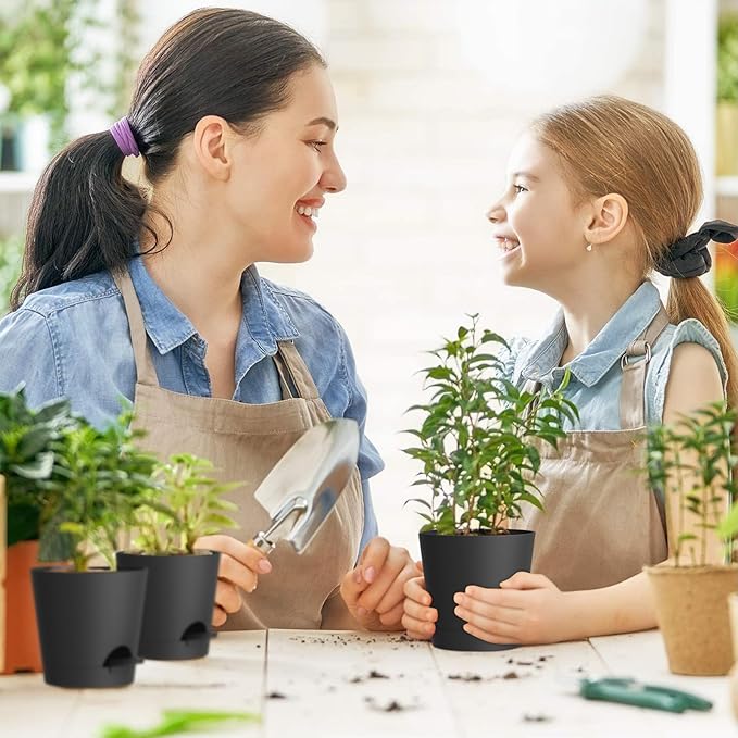 7/6.5/6/5.5/5/4 inch Self Watering Pots for Indoor Outdoor Plants, 6 Pack Plastic Flower Planters with Drainage Holes and Removable Saucers, Plant Pots with Wicking Rope, Modern Decor, Black