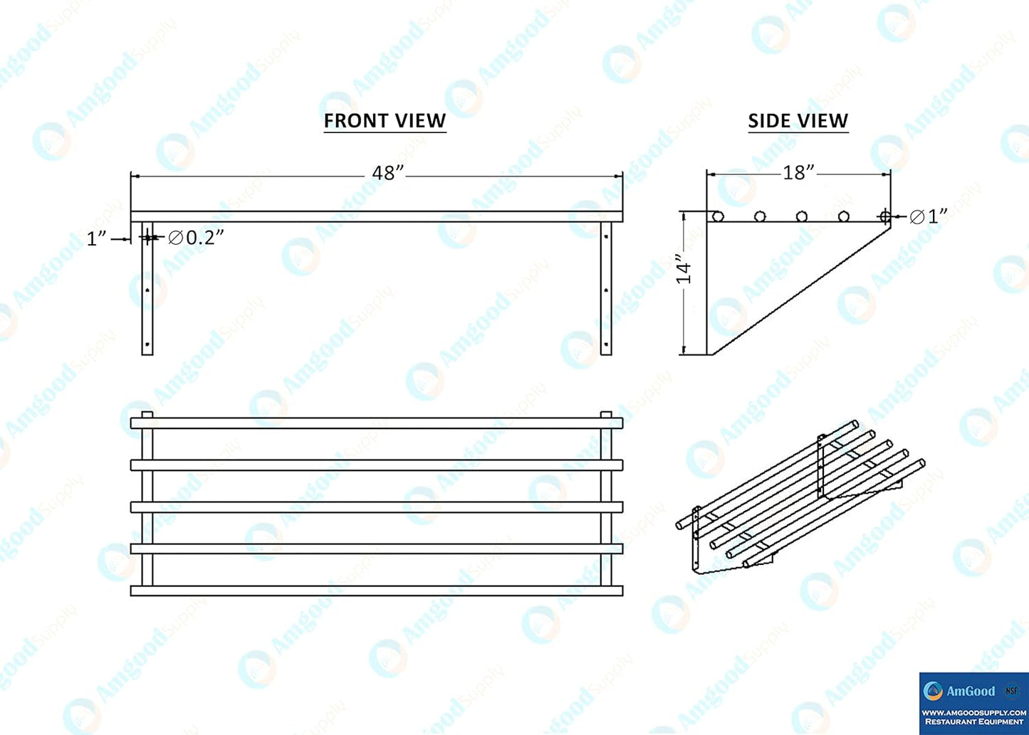 AmGood 18 in. x 48 in. NSF Stainless Steel Tubular Wall Shelf | Heavy-Duty Metal Shelving for Appliances & Equipment | Ideal for Kitchen, Restaurant, Garage, Laundry, Utility Room