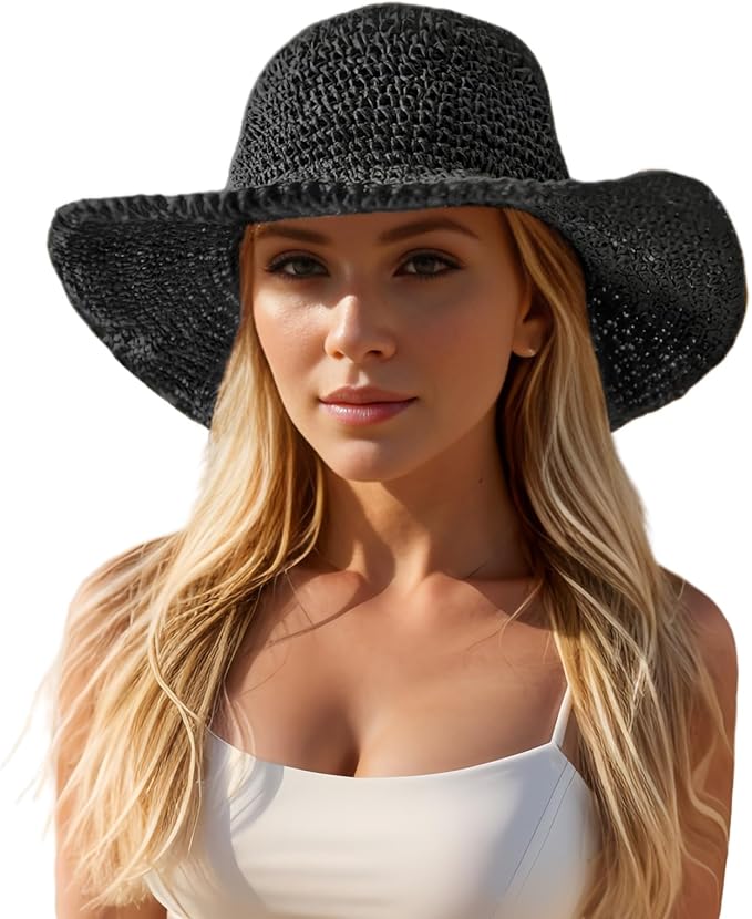Floppy Big Beach Straw Hats for Women Foldable Summer Wide Brim Packable Sun Hat Womens Travel Straw Fedora Hat