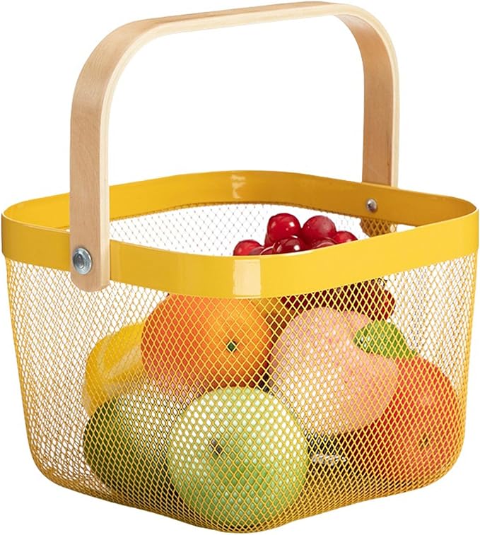 Metal Mesh Steel Basket, Storage Organizer Basket Multi-functional Hanging Kitchen Baskets Fruit Baskets with Wooden Handle for Kitchen Bathroom Picnic Shopping Decor Cabinet Home, Yellow