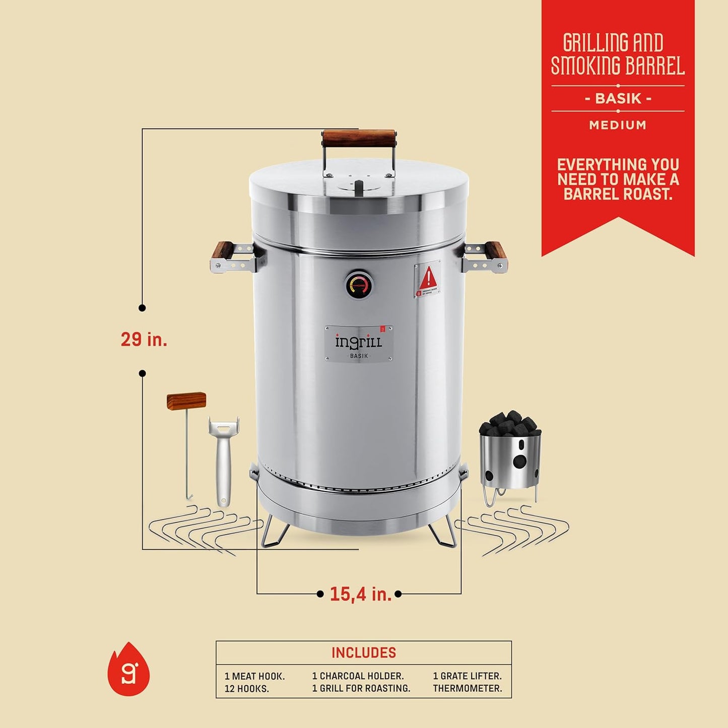 Charcoal Grills - Basic 25 lbs - Stainless Steel Smoker Grill 3-in-1 for Cooking & Home BBQ - Portable Vertical Smoker Barrel for Outdoor & Camping - Meat Grill with Thermometer & Accessories