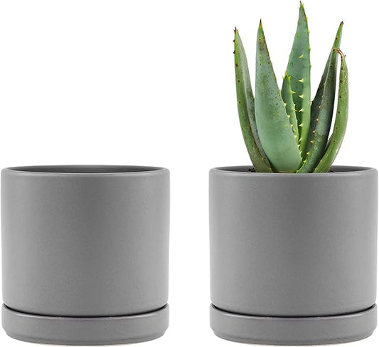 D'vine Dev Set of 2 Plants Pots, 4.6 Inch Ceramic Planter Pot for Plants with Drainage Hole and Saucer, Speckled Grey, 94-V-B-3
