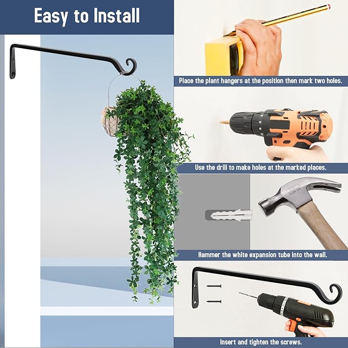 FEED GARDEN 15 Inch 2 Pack Hand-Forged Hanging Plant Bracket Heavy Duty Metal Plant Hangers for Outdoor Hanging Bird Feeders Lanterns Wind Chimes Black