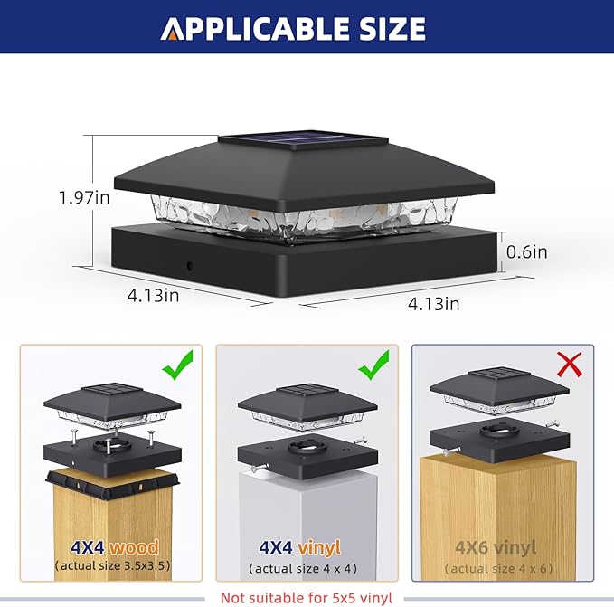 APONUO Solar Post Cap Lights for 4x4 Wood & Vinyl Posts, IP44 Waterproof Cool White LED 4x4 Post Solar Lights, Outdoor Garden Patio Yard Decor, 8 Pack (Black)