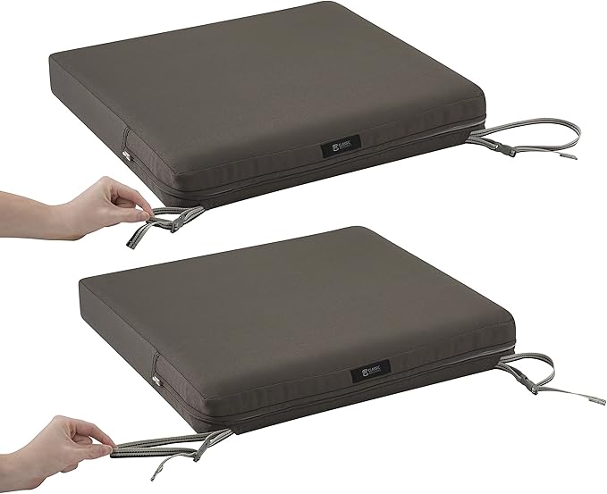 Classic Accessories Ravenna Water-Resistant 19 x 19 x 3 Inch Patio Seat Cushion, Dark Taupe, Chair Seat Cushion