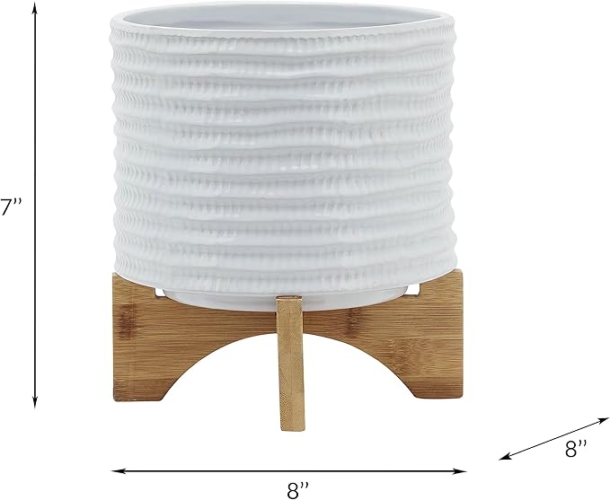 8" Ceramic Planter Stand, White with Wooden Base, Indoor/Outdoor Planter with Stand for Your Succulents and Small Plants, White Planter