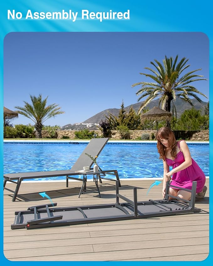 Aluminum Chaise Lounge Chair Outdoor, Foldable Patio Lounge Chair 2 Sets with Table Assemble-Free, Pool Lounge Chairs with 5 Adjustable Backrest, Outdoor Lounge Chairs for Outside Poolside Brown