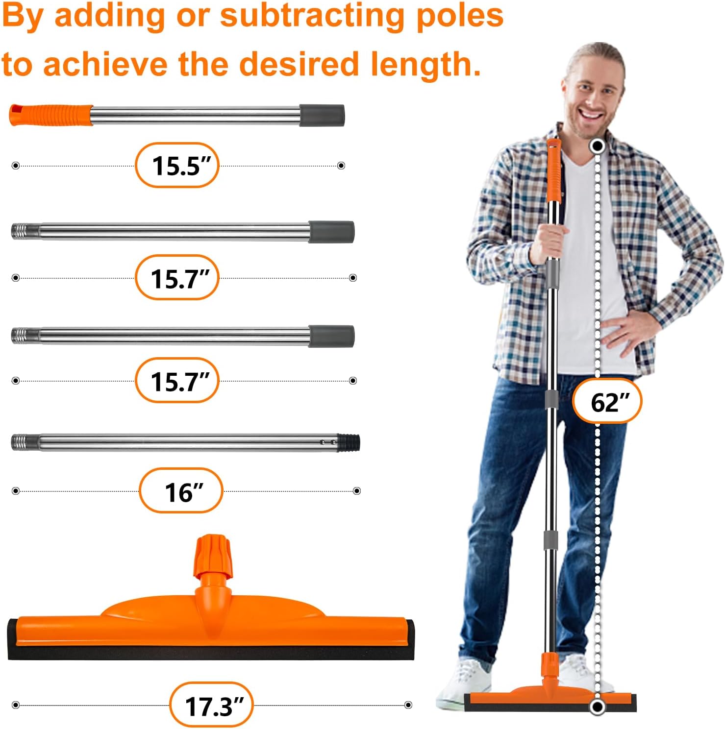 ITTAR Heavy-Duty Floor Squeegee, 62" Adjustable Handle, EVA Foam Blade, Ideal for Concrete, Garage, Patio & More