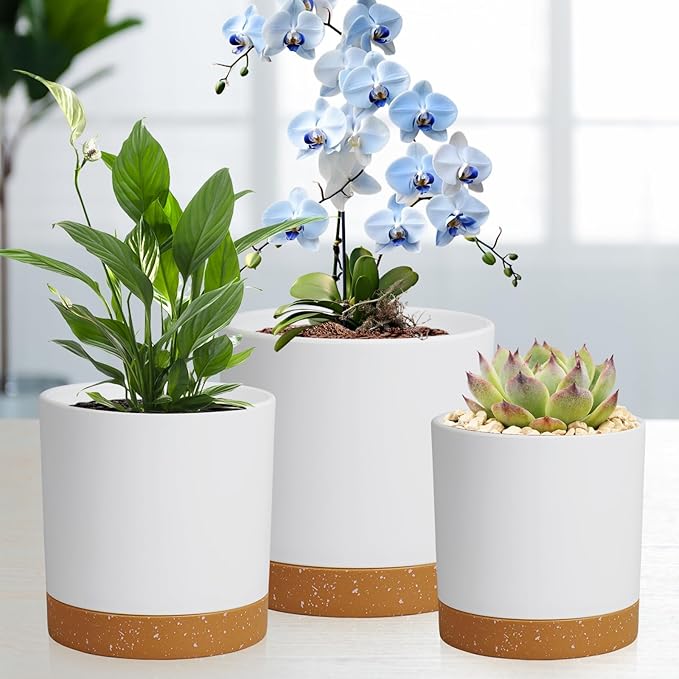 5 Pack Cylindrical Flower Pots with 7/6.5/6/5/4 inch, Modern Small Plastic Plant Pots with Drainage Holes & Saucers, Round Planter Pots for Outdoor, Indoor & Office Decor (White Brown)