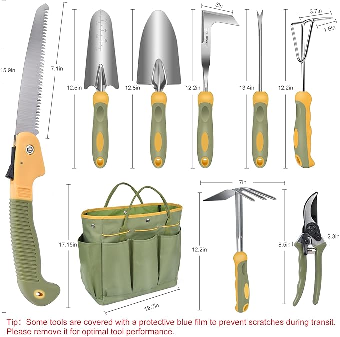 Garden Tool Set, WisaKey 9 Piece Stainless Steel Heavy Duty Gardening Tools with Handle, Durable Garden Tool Bag, Ideal Gardening Hand Tools, Gardening Gifts for Women and Men White Elephant Gifts