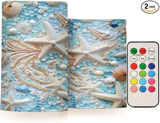 Flickering Flameless Candles, Starfish Seashell LED Candles with Remote Timer, Set of 2 Battery Operated Candle for Valentine Wedding Birthday