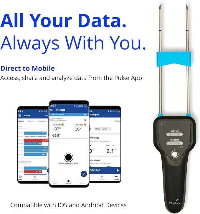 Bluelab Pulse Meter - Handheld Digital Soil Meter Measures Nutrients (TDS), Moisture & Temperature directly from the Root Zone - Grow Healthier Plants with Fast, Accurate Measurements