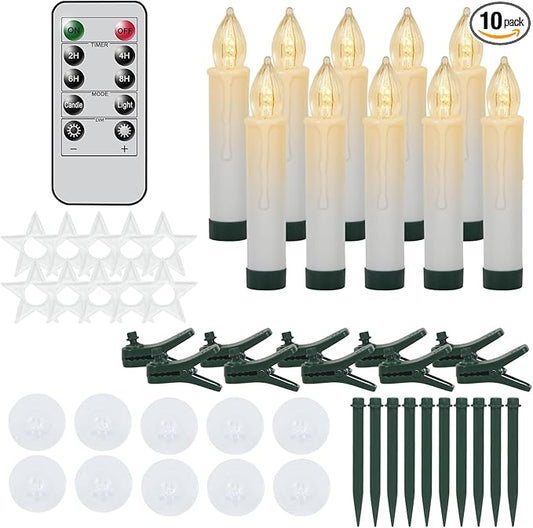 DRomance Christmas Tree Flameless Taper Candle Lights Battery Operated with 10-Key Remote and Timer, 10 Pack Plastic Flickering LED Taper Candles Multi-Using Home Garden Holiday Decor 3.4"