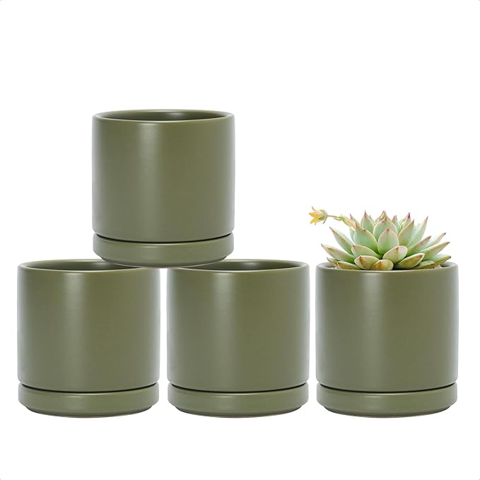 D'vine Dev Set of 4 Small Ceramic Plant Pots, 3.5 Inch Succulent Planter Pot for Plants with Drainage Hole and Saucer, Olive, 94-X-A-0