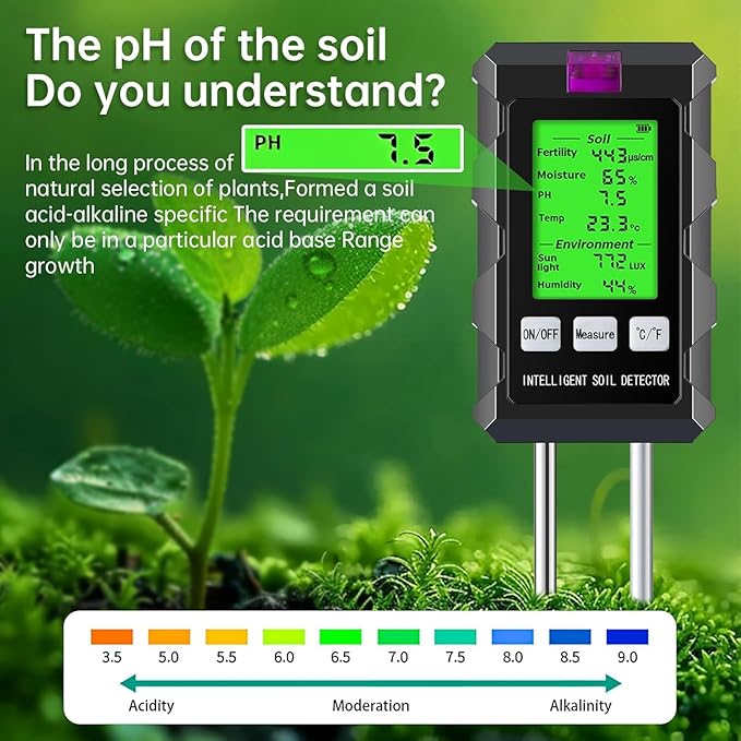 6-in-1 Soil Moisture Meter, pH/Temperature/Soil Moisture/Sunlight/Air Humidity/Soil Fertility Soil Tester for Farming, Gardening, Lawns and Outdoor Plants (2*AAA Battery Needed)